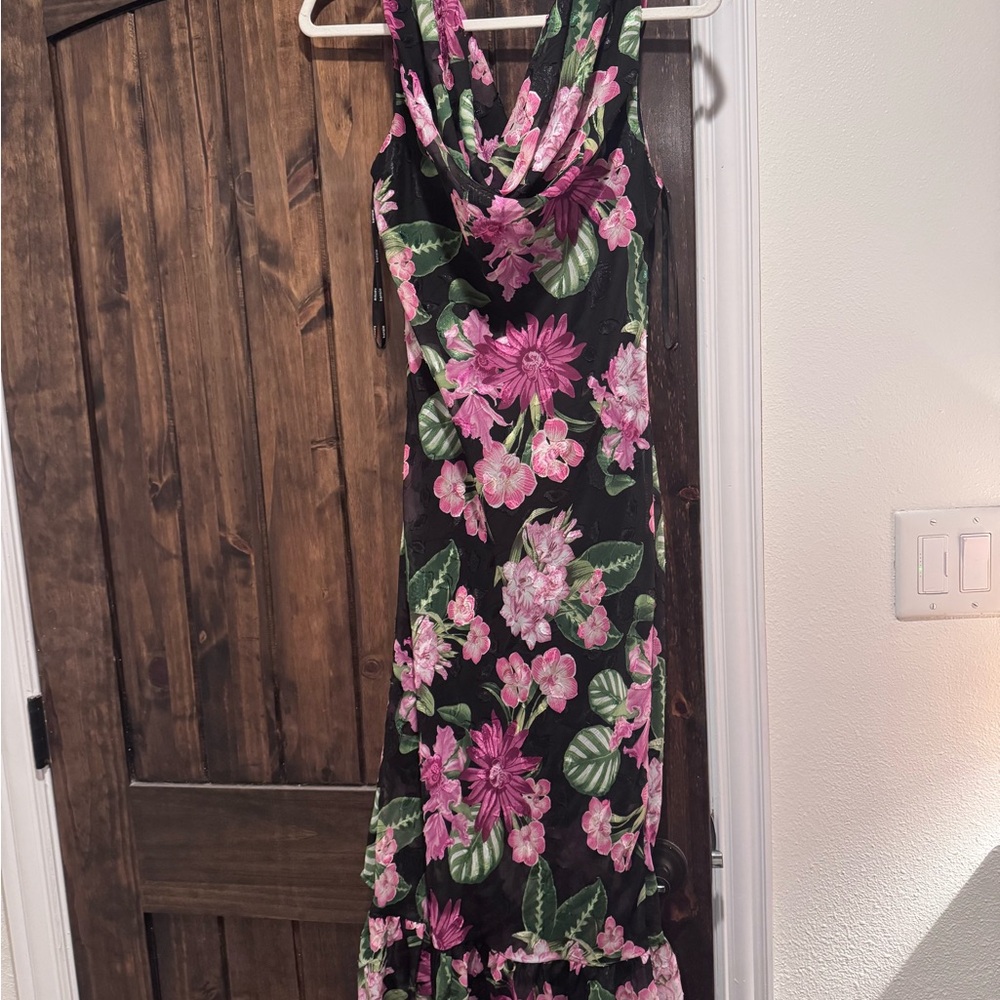 Kensie Black and Pink Floral Maxi Dress